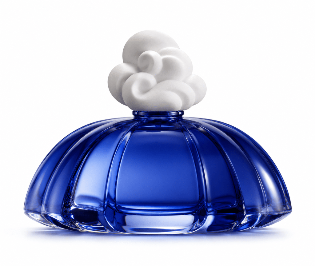 Flacon de parfum inspiré d'une robe rococo style Marie Antoinette, couleur Iris germanica. 